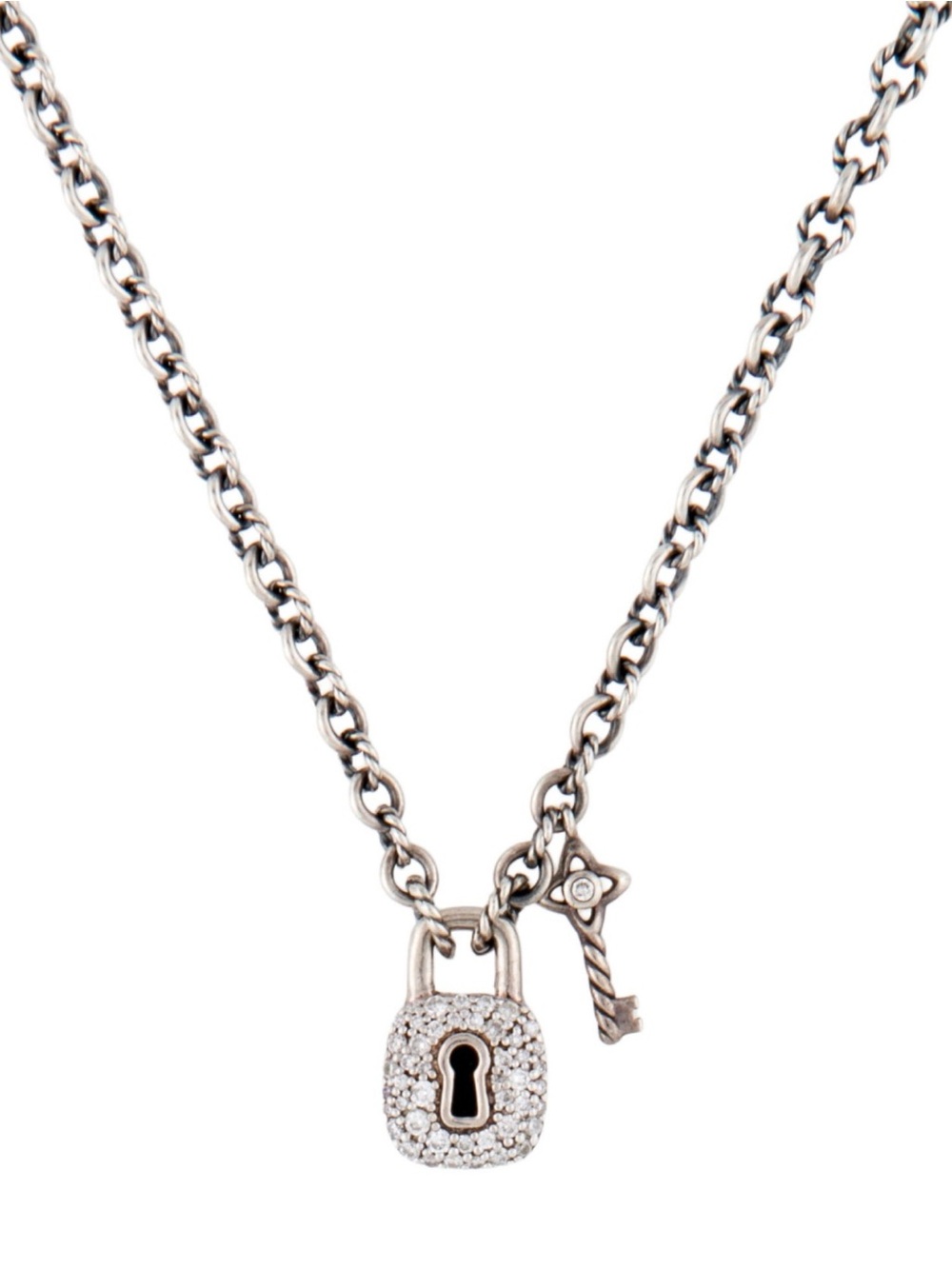 100% Authentic David Yurman Diamond & Sterling Padlock & Key Pendant Necklace - Picture 1 of 6